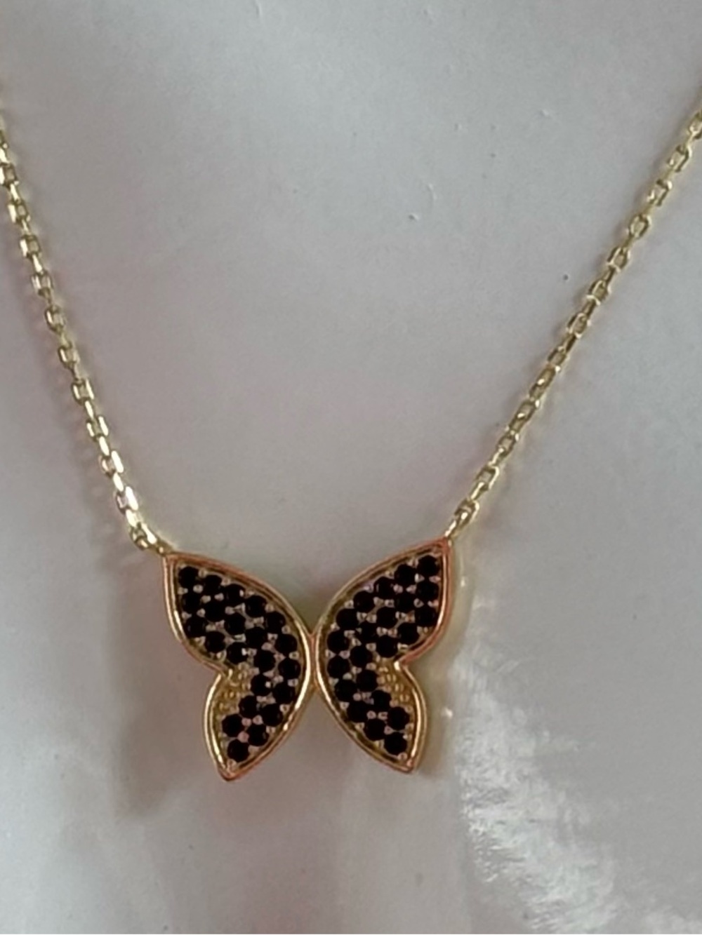 14k Gold Plated Sterling Silver Butterfly Necklace with Black CZ
